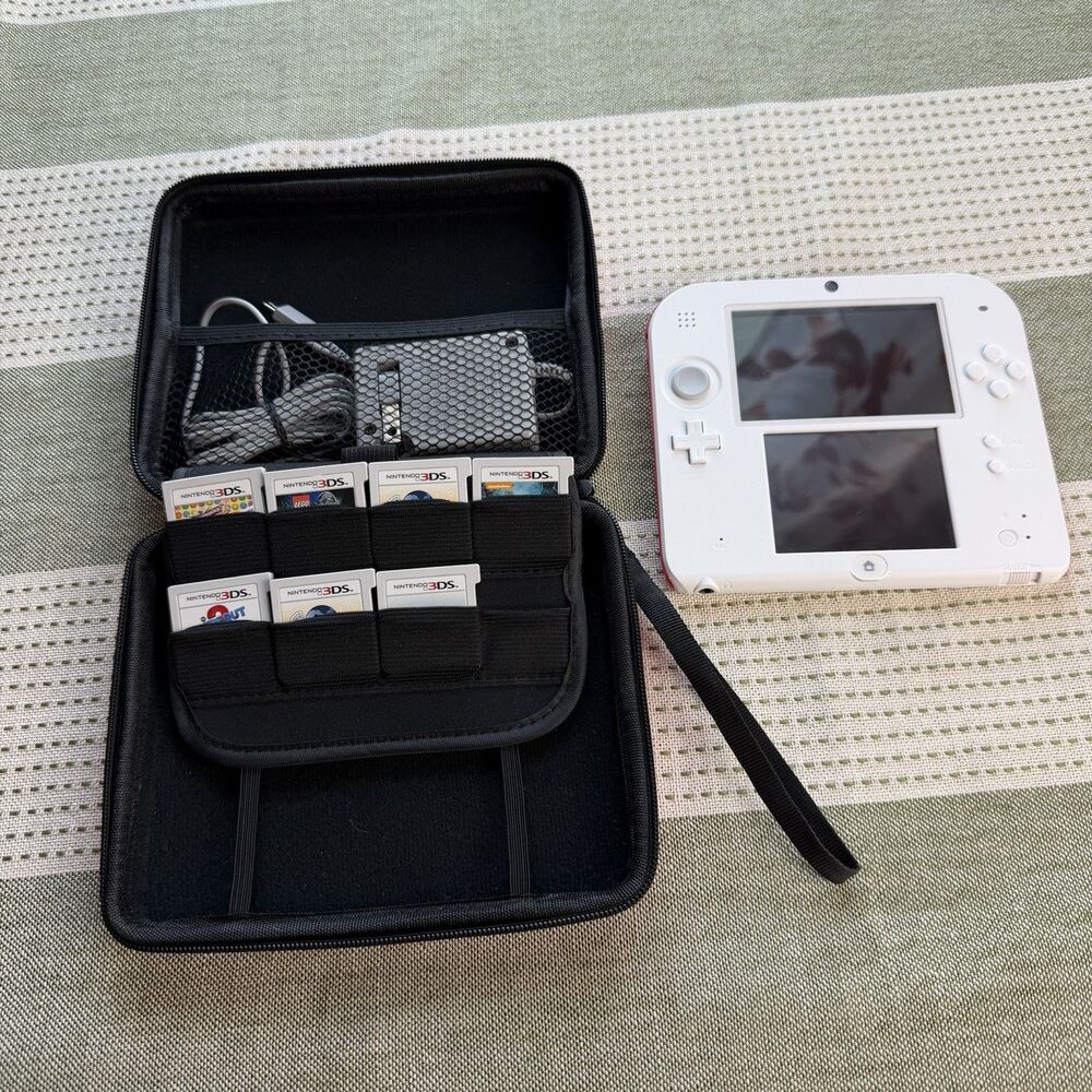 Nintendo 2DS Console With Charger, Case, &  Games White & Red Tested Works